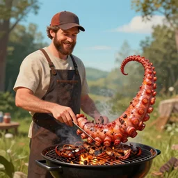 a dad at a barbecue smiling while grilling a massive kraken tentacle, surrealism, digital art
