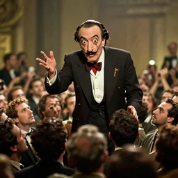 the long shot of drunk salvador dali in the role of emperor over the crowd of people | still frame from the prometheus movie by ridley scott and alejandro jodorowsky with cinematogrophy of christopher doyle, anamorphic bokeh and lens flares, 8 k, higly detailed masterpiece