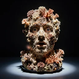 realistic photo of a blurred face of a man, covered in shriveling dead coral reef, emitting aura, with a scared shock expression, sitting in a pitch black room with a spotlight shining on him 1 9 6 0, life magazine photo, natural colors, metropolitan museum, kodak, 8 k, very detailed, high resolution, product photo,