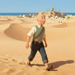 Tintin crossing the Arabian dessert near the Arabian ocean, ottoman city, digital painting, artstation, concept art, smooth, sharp focus, illustration, art by artgerm and greg rutkowski and alphonse mucha
