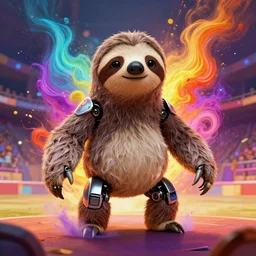 anthropomorphic sloth robot with human characteristics in an arena, digital art, epic composition, fantasy, explosion of color, highly detailed, in the style of jake parker, in the style of conrad roset, swirly vibrant colors, sharp focus