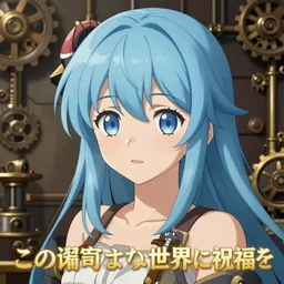 An illustration of single teenager girl as この素晴らしい世界に祝福を, light blue hair, light skin, steampunk background, digital painting, anime tv series promotional poster, soft light, highly detailed, sharp focus, art by Yabuki Kentarou, trending on Pixiv.