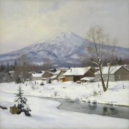 hokkaido in winter, japan in the style of hudson river school of art, oil on canvas