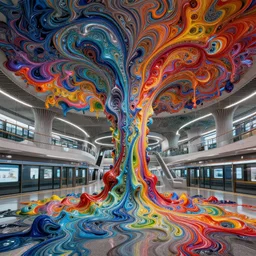 a beautiful insanely detailed modern metro station surounded by intricate detailed color smashing fluid oilpaint, 3 d render, hyper realistic detailed, sharp, melting wax, fluid acrilic, thin fractal tendrils, intense colors, scifi, fantasy, hyper detailed, octane render, concept art, by peter mohrbacher, by wlop, by ruan jia