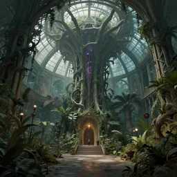 Matte painting of the interior view of giant botanical museum. Living biological Lovecraft architecture. Dark horror fantasy. Fantastical, detailed digital art trending in artstation