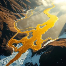 color photo of aerial view of massive liquid gold sculpture in cordillera de los andes, photography by werner herzog