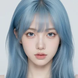 a pale girl with blue hair, sideswept bangs, soft facial features, looking directly at the camera, neutral expression, instagram picture