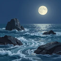 digital matte fantasy dreamy seascape rocks waves moonlight, artstation, behance, 8 k by august macke