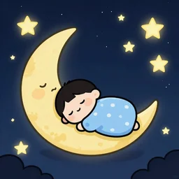 sleepy moon, stars, night, cartoon style