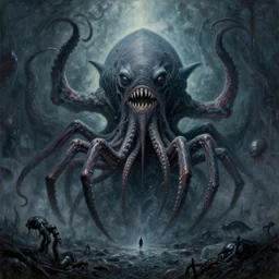 otherworldly massive cthulu elder god rising over a grim obsidian landscape, painting by donato giancola, john berkey, edvard munch, dore, thomas moran, jackson pollock, elder god lovecraft mythology terror horror shark spider tentacle insect alien madness and insanity