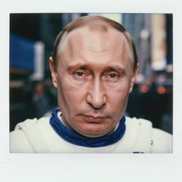 macro head shot, of vladimir putin in white spacesuit, in times square, very realistic, cinematic focus, polaroid photo, vintage, neutral colors, soft lights, by gregory crewdson