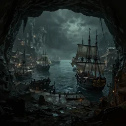 A secret pirate shanty town and harbor full of sail ships, in a cave. Underexposed, dark,scenic view. Atmospheric matte painting by Darek Zabrocki and Emmanuel Shiu, 4k ultra detailed, cinematic.