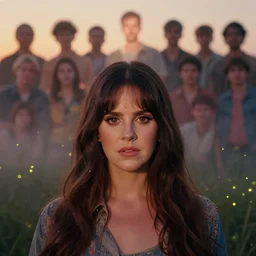 big-eyed Lana Del Rey staring into the camera, sundown misty firefly wisps, Lilia Alvarado, Sophie Anderson, Mark Arian, Bob Byerley, Charlie Bowater, Mark Brooks, Steve Henderson, Justin Gerard, Arthur Hughes, Edward Robert Hughes, Mark Keathley, Victor Nizovtsev, Carlos Shwabe, Ross Tran, WLOP