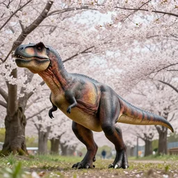 “ a portrait photo of tyrannosaurus at a sakura tree, side shot, by shunji dodo, 8 k resolution, high quality ”