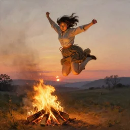 a korean girl jumping over a bonfire by franz xaver winterhalter
