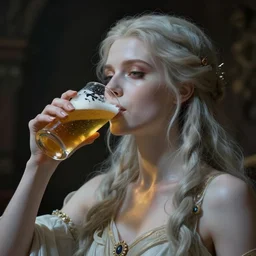 fantasy goddess of death, pale lady, drinking hamm's beer. art station digital, hyper realistic