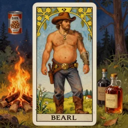 an ethereal tarot painting of a rugged shirtless cowboy with a stocky build and beer belly | background is a serene campfire | cans of beans and jugs of whisky | tarot card, art deco, art nouveau | by Mark Maggiori and Alphonse Mucha | trending on artstation