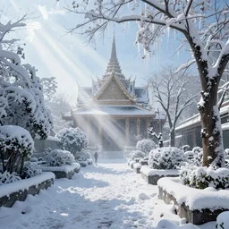 Bangkok covered in snow and ice, volumetric lighting, light rays, photorealistic, ultrarealistic, coronarender, 8k