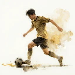 beautiful serene amateur soccer player, healing through motion, life, minimalistic golden and ink airbrush painting on white background