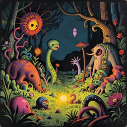 surreal glimpse into another dimension, weird living things, very coherent and colorful high contrast, art by!!!! gediminas pranckevicius!!!!, geof darrow, floralpunk screen printing woodblock, dark shadows, hard lighting, stipple brush technique,