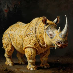half boy half rhino made of spaghetti, intricate armor made of spaghetti fractals, by giuseppe arcimboldo and ambrosius benson, renaissance, intricate and wet oil paint, a touch of beksinski, realistic