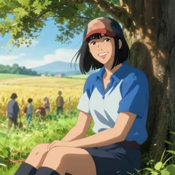 photorealistic Joe Biden meets a beautiful smiling anime girl with black hair and hime cut sitting under a tree, farm field background, rich vivid colors, ambient lighting, dynamic lighting, 4k, HQ, official media, anime key visual, makoto shinkai, ilya kuvshinov, lois van baarle, rossdraws, detailed, trending on artstation