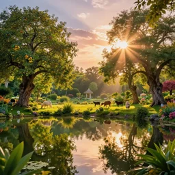 psychedlic realistic 16k footage, serene beautiful landscape photography of the garden of eden. lake reflections in the foreground, fruit tree's and animals everywhere. sun rays shining through the trees. lens flare. sunset, dramatic lighting by Marc Adamus gyuri lohmuller Ivan Shishkin. lsd trip.