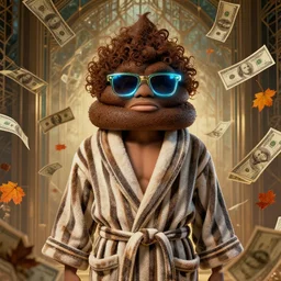 portrait, anthropomorphic 💩, striped bathrobe, curly hair, electric sunglasses, surrounded by floating autumn dollar bills, fantasy, detailed, intricate, luminescent, elegant, coherent, by mandy jurgens, hannah yata and kay sage, donato giancola, detailed, artstation, cinematic lighting, artdeco, art deco outrun aesthetic