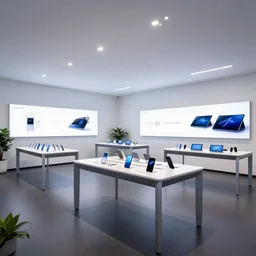 hyperdetailed large samsung coworking flagship retail. white walls. dark floor. display tables with exciting phones and tablets. bright digital screens on walls. low ceilings with downlights and spots. white modernist furniture. plants. muted colors. long exposure photo.