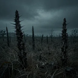 field with large spikes, scary, eerie, uncanny, abnormal