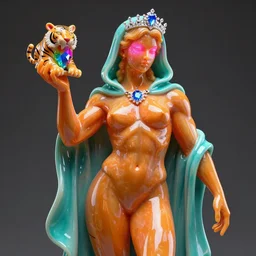 hyper detailed ultra sharp fullbody photo of baroque and cyberpunk transparent orange ceramic sculpture of a muscular seductive muscular italian guido feeling muy cachondo, muy dotado, iridescent humanoid deity wearing teal plastic hooded cloak, holding a rainbow tiger gem, blue diamond, glowing pink face, crown of white diamonds, cinematic lighting, photorealistic, octane render 8 k