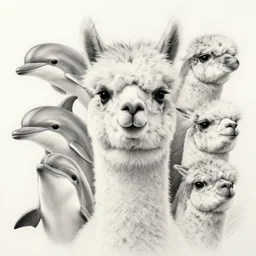 portrait of alpaca 7 6 fsf dolphin chimera 3 4 5 j with fantastic 5 eyes in crisp detail, pencil drawing