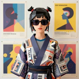 portrait of a lowpoly punk girl with a musicassette sunglasses wearing kimono made of synthesizer, poster art by kurt schwitters james jean liam brazier victo ngai tristan eaton