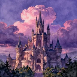 a beautiful landscape with futuristic castle, at dusk, violet and pink lighting, majestic skies, summer cumulus clouds, aquarel, by greg rutkowski, by raphael lacoste, by craig mullins