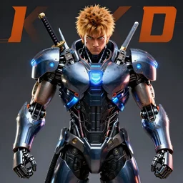 portrait of streetfighter ryu as a cybernetic battle robot, visible face, super cool, katana, led, backlit, promotional material