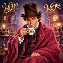 Johnny Depp is covered in a blanket and drinking tea in Willy Wonka's Chocolate Factory, Illustration, Colorful, insanely detailed and intricate, super detailed