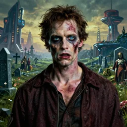 realistic detailed portrait movie shot of an beautiful male zombie, futuristic graveyard landscape background by denis villeneuve, jean deville, amano, yves tanguy, alphonse mucha, max ernst, caravaggio, roger dean, masterpiece, rich moody colours, blue eyes