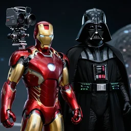 a mix between iron man and darth vader, in space, shot on alexa, 3 5 mm cooke, still from a movie, trending on hollywood reporter, realistic, cg render, roger deakins