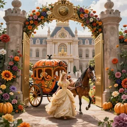 fairytale princess entering the gates of her majestic palace of flowers , with horse driven , carriage made of pumpkins , epic scene unreal render depth focus hyperrealistic detail Star Wars mucha fantasy art behance