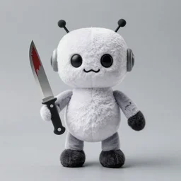 a plush robot toy holding a bloody knife. Product photo.