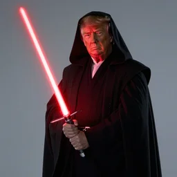 trump as Sheev Palpatine in star wars wearing a robe over his head, holding a red light saber