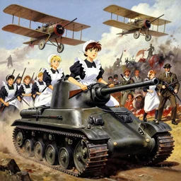 anime key visual depicting the horros 1 9 1 8 great war, anime maids riding early tanks, matriarchy, old bolt action rifles, biplanes in the sky, blood anguish terror, jamie wyeth james gilleard edward hopper greg rutkowski acrylic painting, preserved museum piece, historical