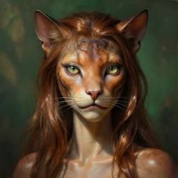 detailed portrait in femininity, regal alien, feline, realistic face sculpted features, specular eyes, statuesque model, natural skin, silky hair, warm glow, subsurface scattering, wet reflections, chiaroscuro, shimmering shafts, biomorphic, organic impressionism, dappled backdrop, burnt sienna and emerald color, painterly octane render