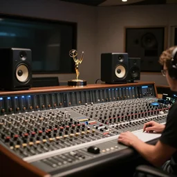 sharp photo of a mixing and mastering engineering studio. Expensive genelec mastering loudspeakers, a large mixing desk. Emmy Award-winning mixing engineer studio. Cinematic dark lighting, dusty Atmosphere, award-winning photography, 35 mm f/2.8 photography. Sharp, 4k, anamorphic lens. Very, very detailed