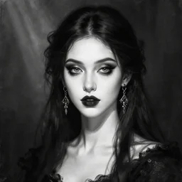 digital art painting portrait of elegant gothic lady with earrings, black and white, hard edges, high quality, textured, by caestrad, young, dark background, mystic, goddess, perfect lighting, high contrast, arstation, artgerm, wlop, soft - focus, lightrays