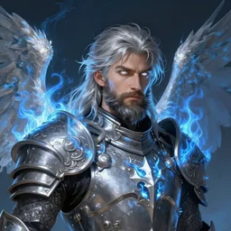 A Human Male Paladin, detailed face, glowing white eyes, shaggy silver hair, scruffy brown beard, blue flames surrounding, medium armor, wings, fantasy, intricate, elegant, highly detailed, digital painting, artstation, concept art, smooth, sharp focus, illustration, art by Larry Elmore and Jeff Easley and Clyde Caldwell