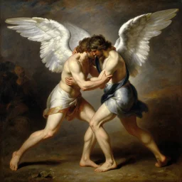 jacob wrestling with the angel, wide shot, full shot, oil on canvas, trending on artstation