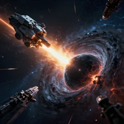 black hole going rouge in a spaceship battle, cinematic shot, dramatic volumetric lighting, epic composition, 4 k ultra hd