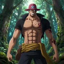 a menacing Villain from one piece, highly detailed, huge forest