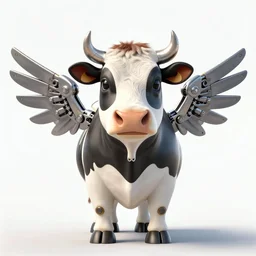 Cow with mechanical!!!!! wings, full-body portrait, trending on arstation, photorealistic resolution, 4k, 8k